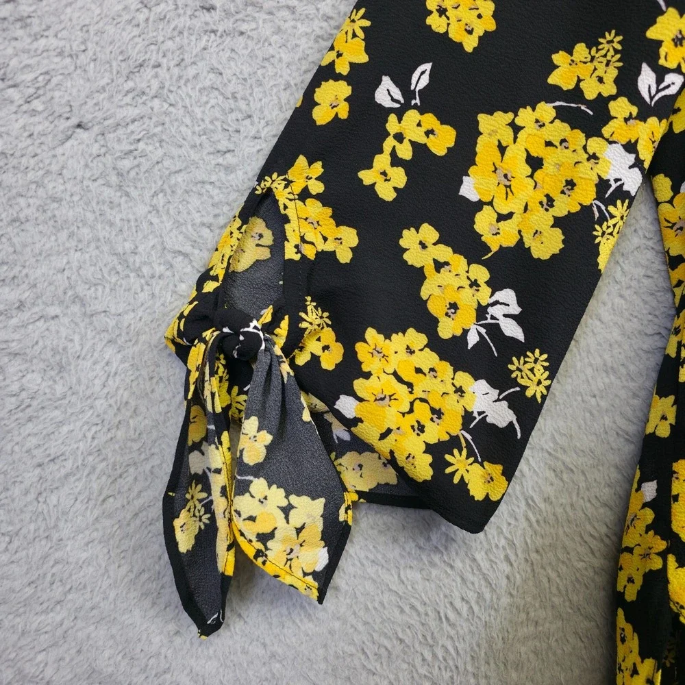 Michael Kors Top Womens L Black Yellow Tie Sleeve Floral Colorful Resort Elegant